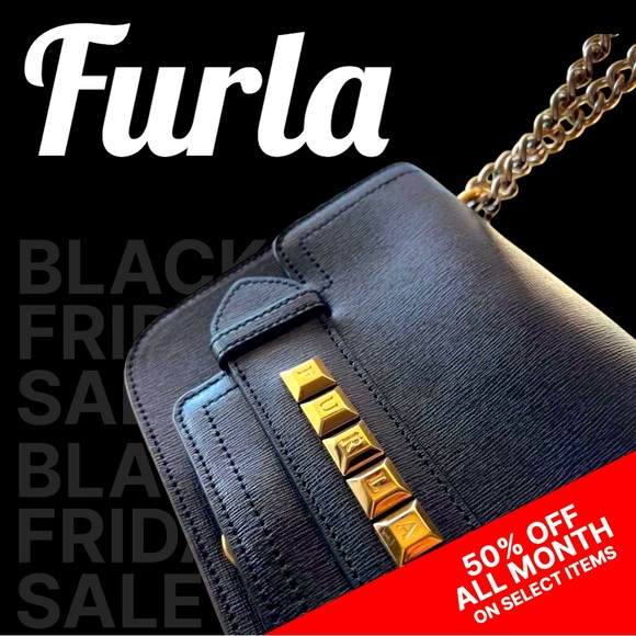Furla Navy Blue Crossbody with Gold Tone Studs EUC - Picture 16 of 16